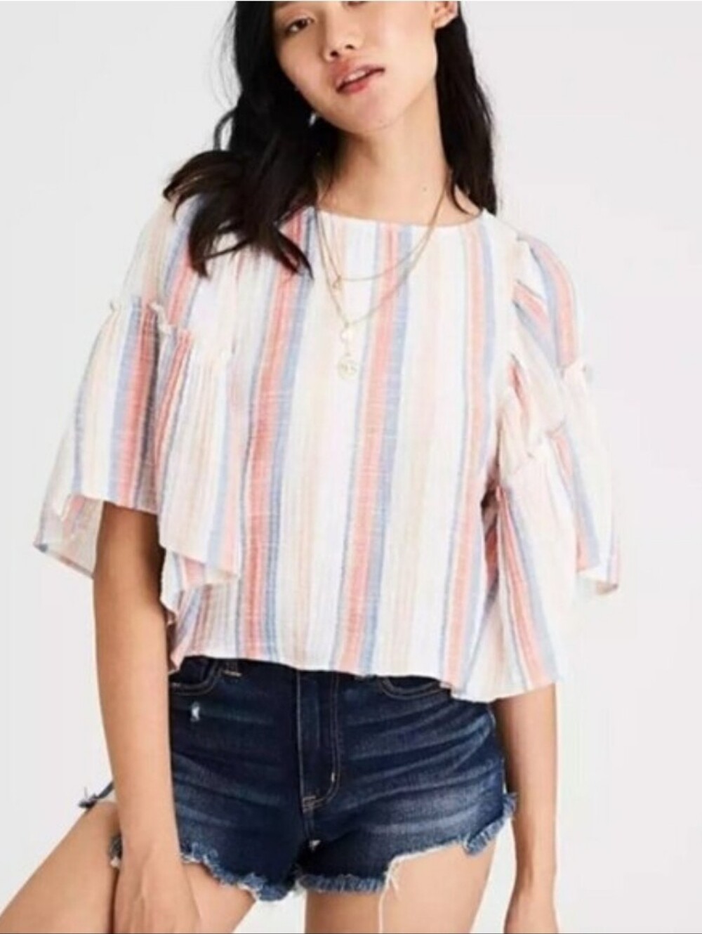 American Eagle Outfitters Bell Flutter Sleeve Pastel Striped Cotton Blouse